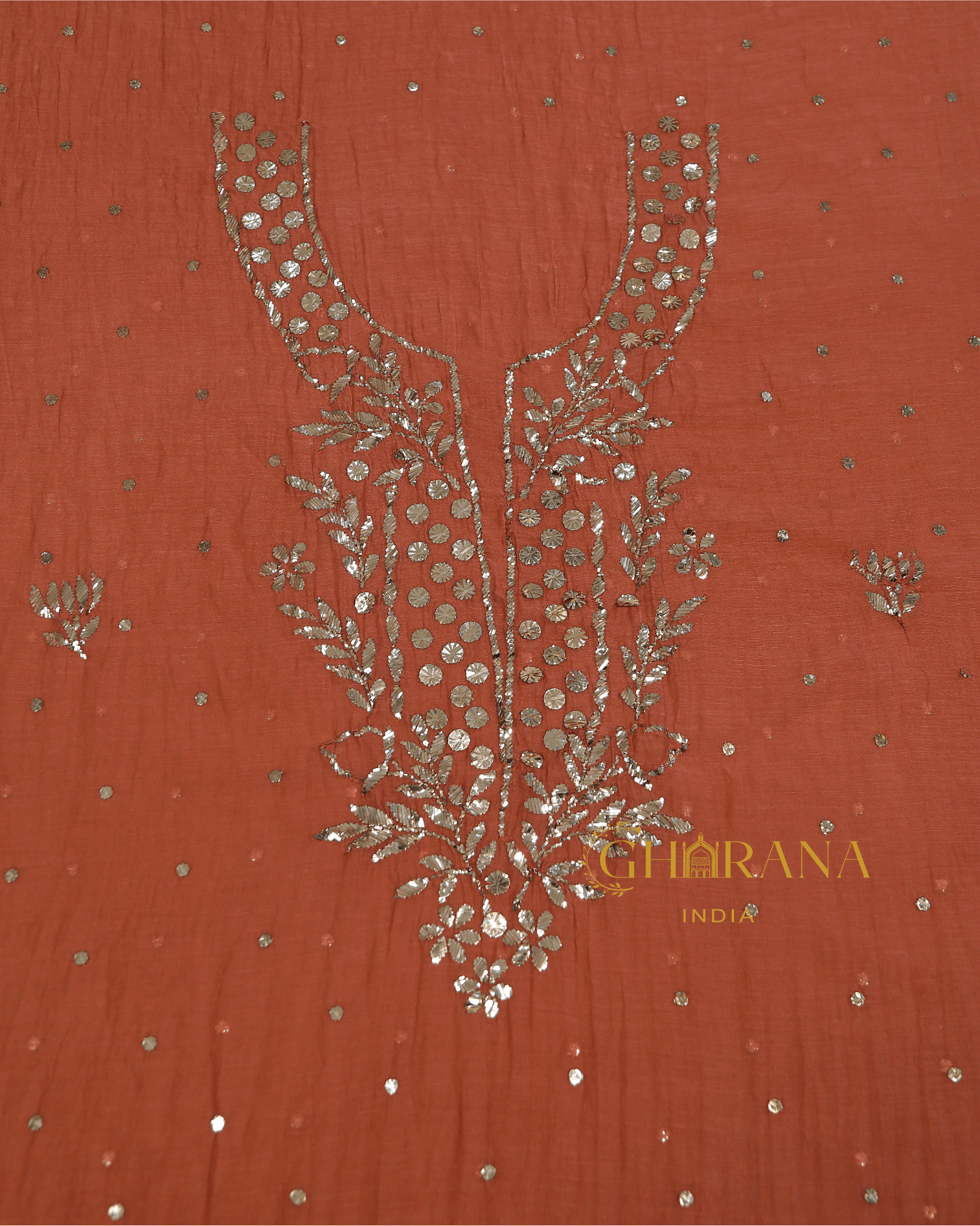 Premium Mulchanderi 3 PC Unstitched Tunic, Dupatta & Bottom in Kamdani work-Rust Orange Gharana