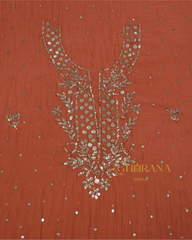Premium Mulchanderi 3 PC Unstitched Tunic, Dupatta & Bottom in Kamdani work-Rust Orange Gharana