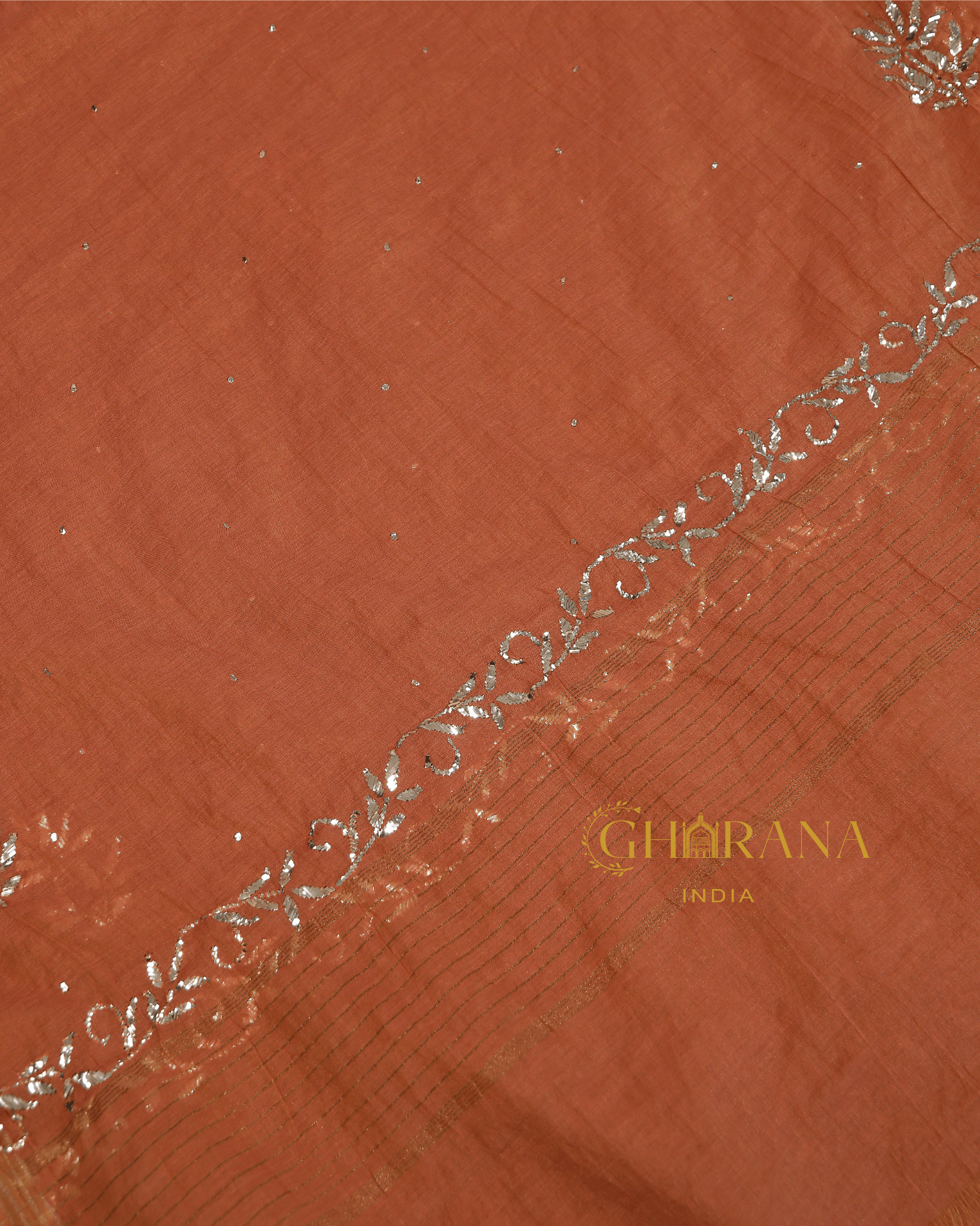 Premium Mulchanderi 3 PC Unstitched Tunic, Dupatta & Bottom in Kamdani work-Rust Orange Gharana