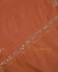 Premium Mulchanderi 3 PC Unstitched Tunic, Dupatta & Bottom in Kamdani work-Rust Orange Gharana