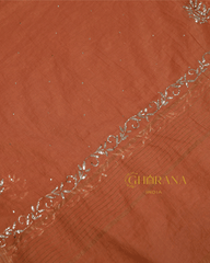Premium Mulchanderi 3 PC Unstitched Tunic, Dupatta & Bottom in Kamdani work-Rust Orange Gharana