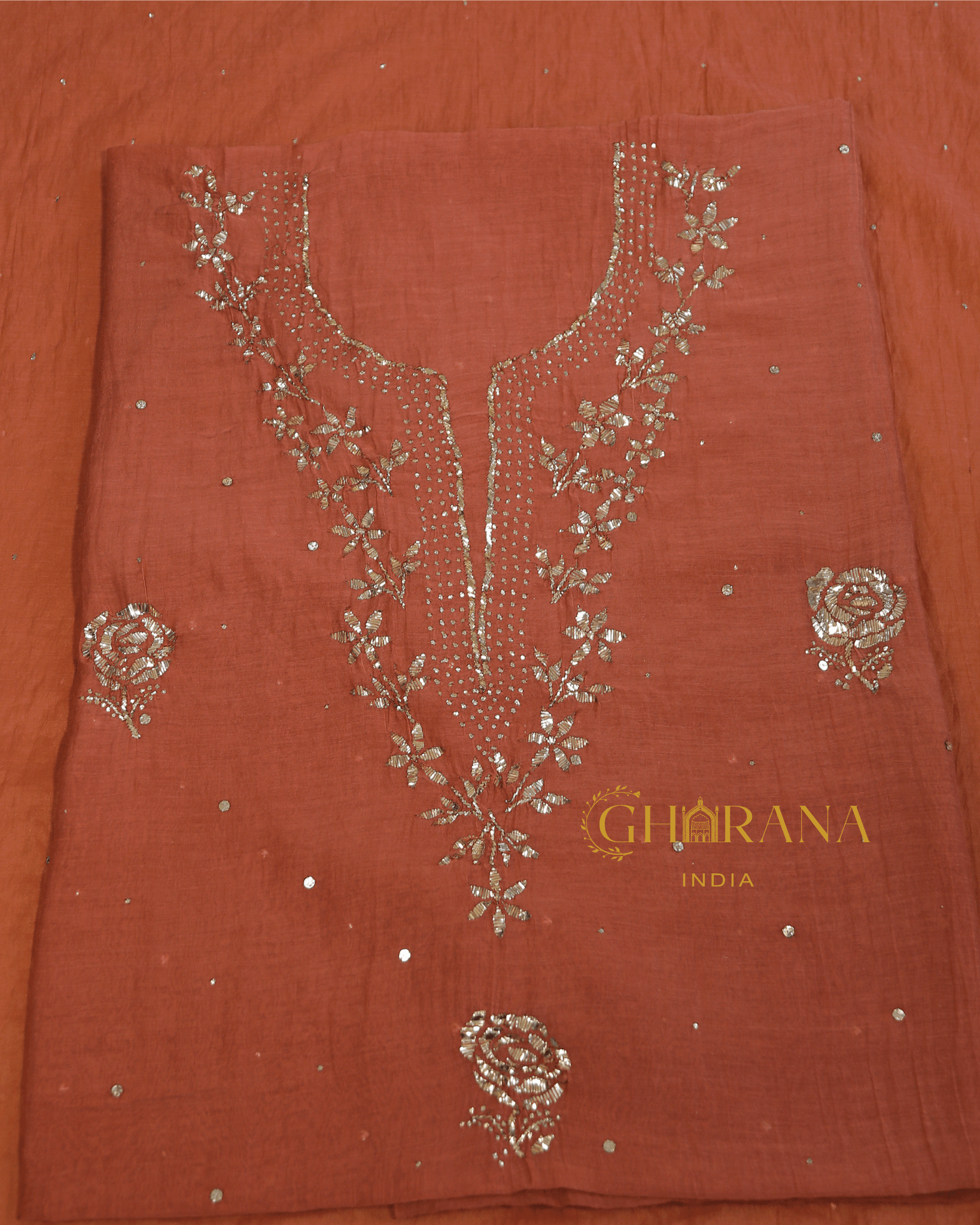 Premium Mulchanderi 3 PC Unstitched Tunic, Dupatta & Bottom in Kamdani work-Rust Orange Gharana