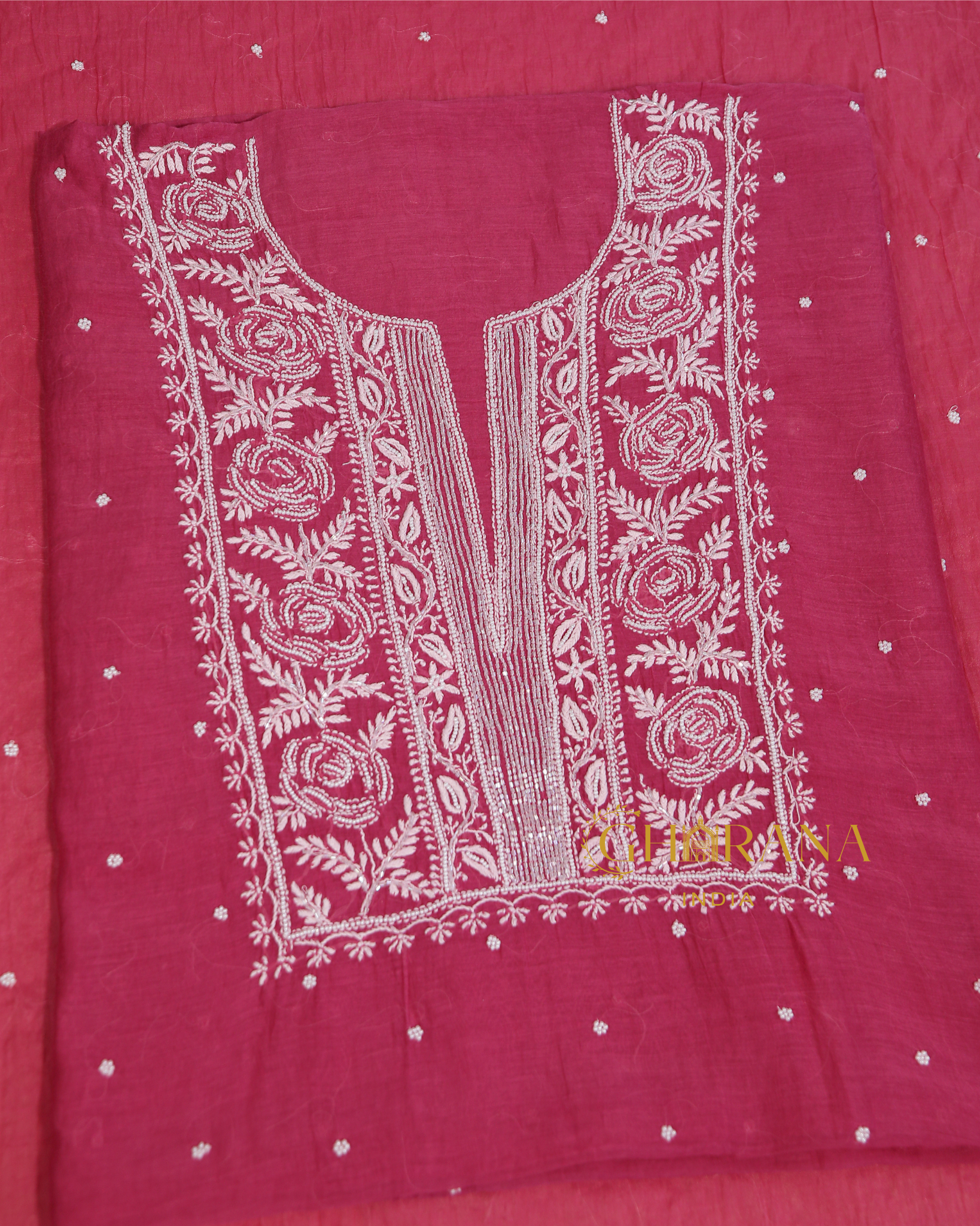 Premium Mulchanderi 3 PC Unstitched Kurta with Dupatta and Bottom Set in Pearl,Katdana Jaal work- Fuchsia Gharana