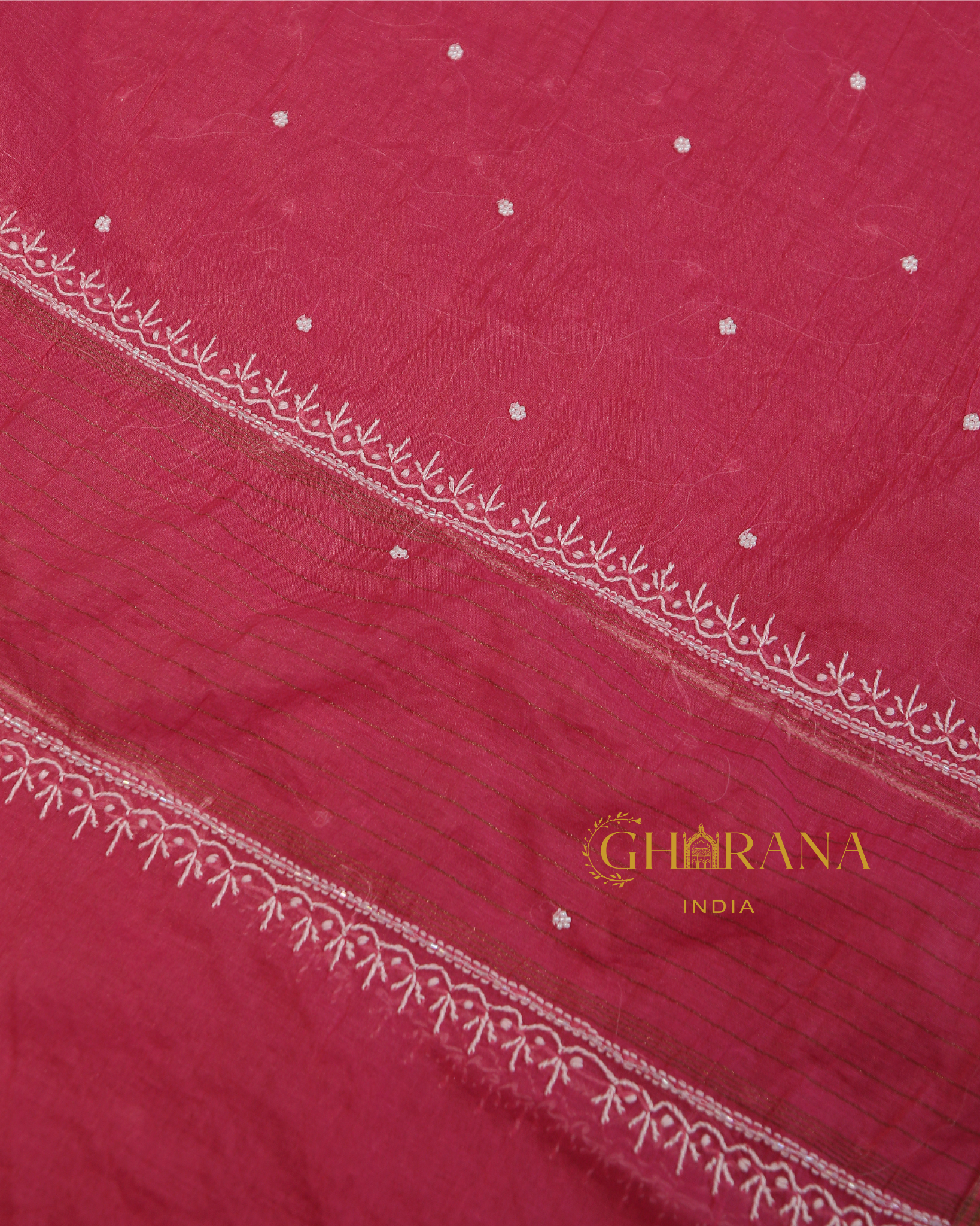 Premium Mulchanderi 3 PC Unstitched Kurta with Dupatta and Bottom Set in Pearl,Katdana Jaal work- Fuchsia Gharana