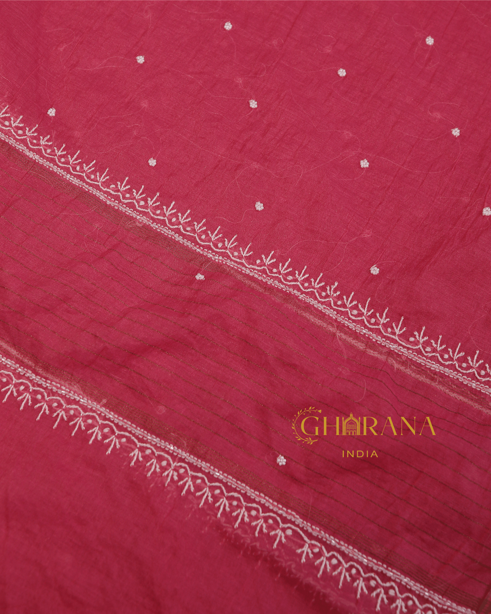 Premium Mulchanderi 3 PC Unstitched Kurta with Dupatta and Bottom Set in Pearl,Katdana Jaal work- Fuchsia Gharana