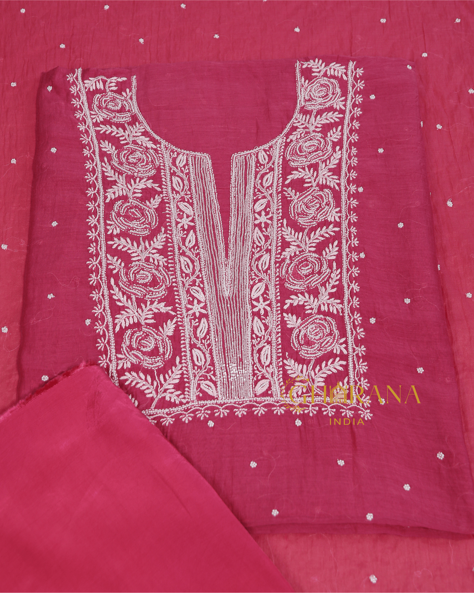 Premium Mulchanderi 3 PC Unstitched Kurta with Dupatta and Bottom Set in Pearl,Katdana Jaal work- Fuchsia Gharana