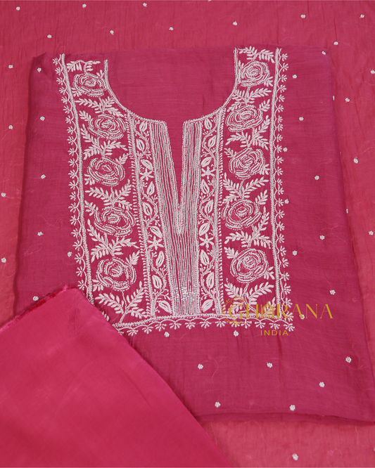 Premium Mulchanderi 3 PC Unstitched Kurta with Dupatta and Bottom Set in Pearl,Katdana Jaal work- Fuchsia Gharana