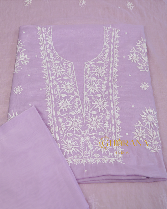 Premium Mulchanderi 3 PC Unstitched Kurta with Dupatta and Bottom Set in Pearl, Jaal work- Lavender Gharana
