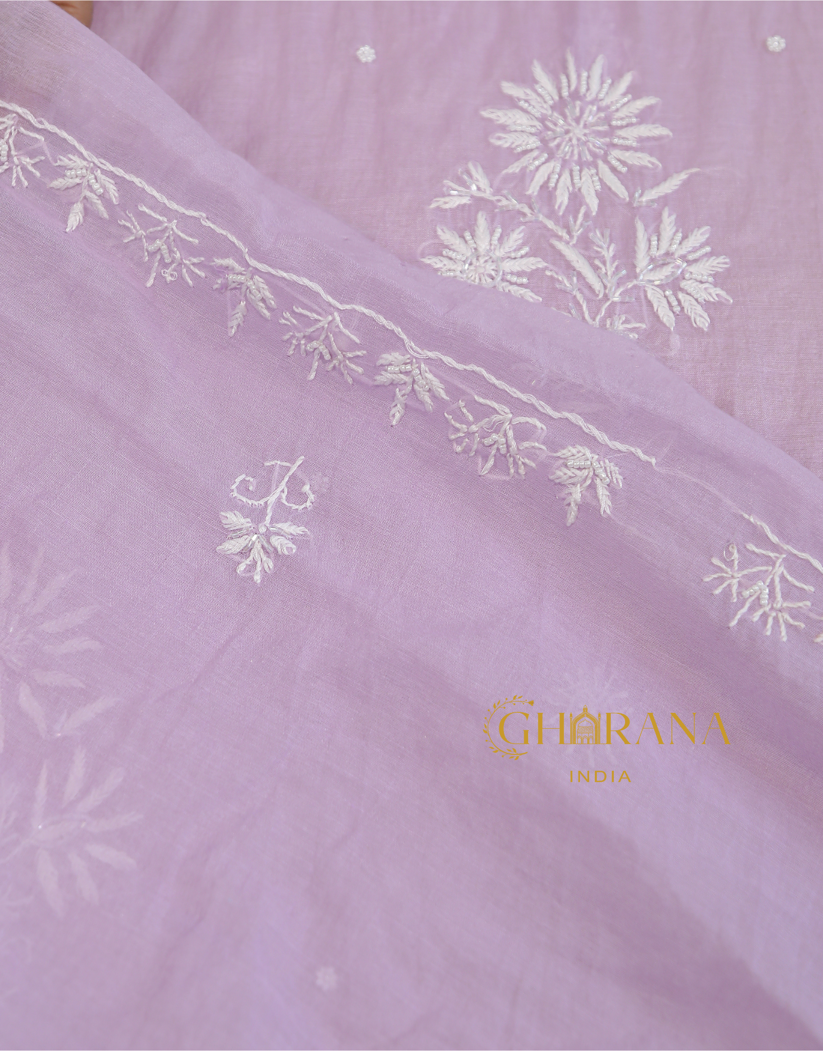 Premium Mulchanderi 3 PC Unstitched Kurta with Dupatta and Bottom Set in Pearl, Jaal work- Lavender Gharana