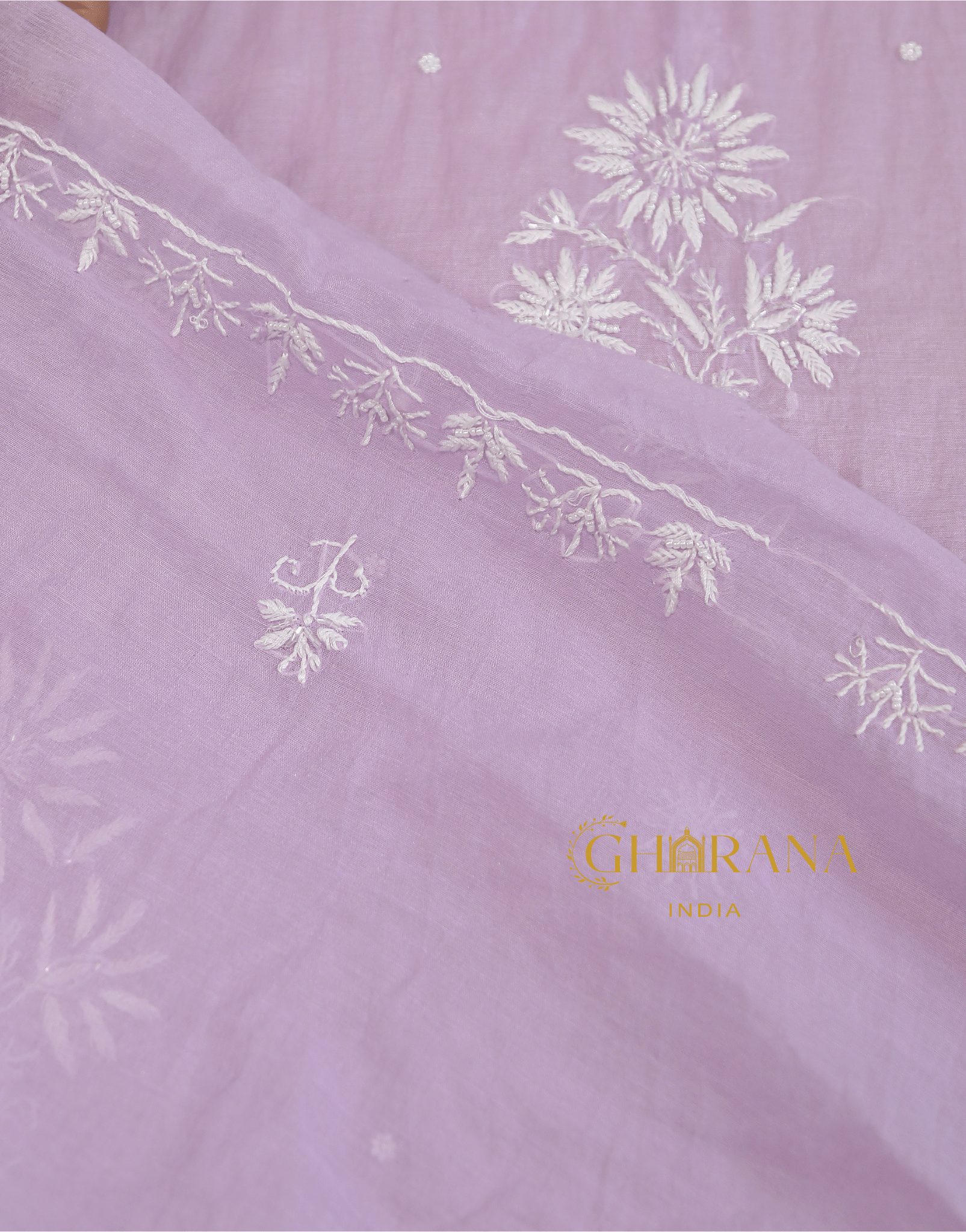 Premium Mulchanderi 3 PC Unstitched Kurta with Dupatta and Bottom Set in Pearl, Jaal work- Lavender Gharana