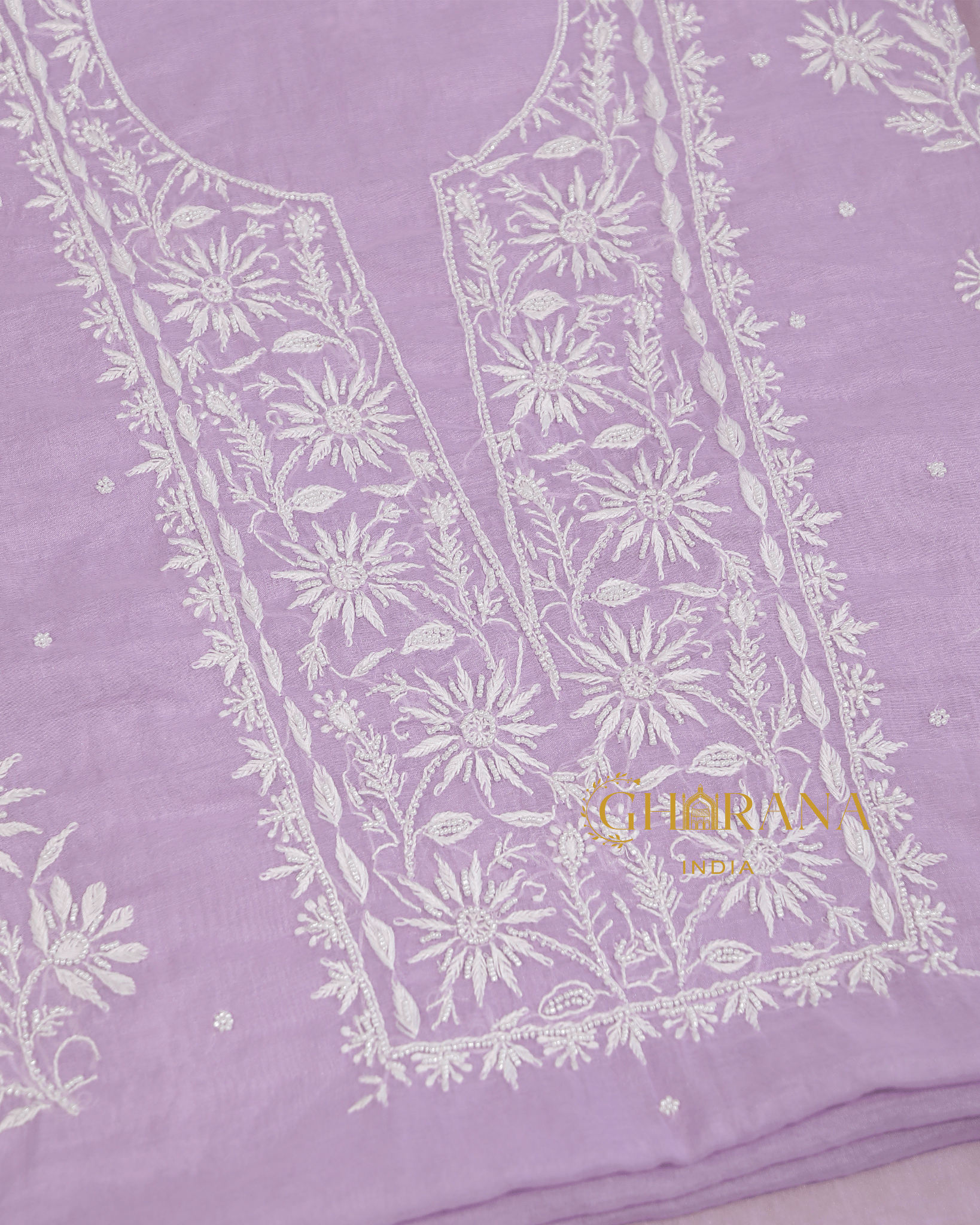 Premium Mulchanderi 3 PC Unstitched Kurta with Dupatta and Bottom Set in Pearl, Jaal work- Lavender Gharana