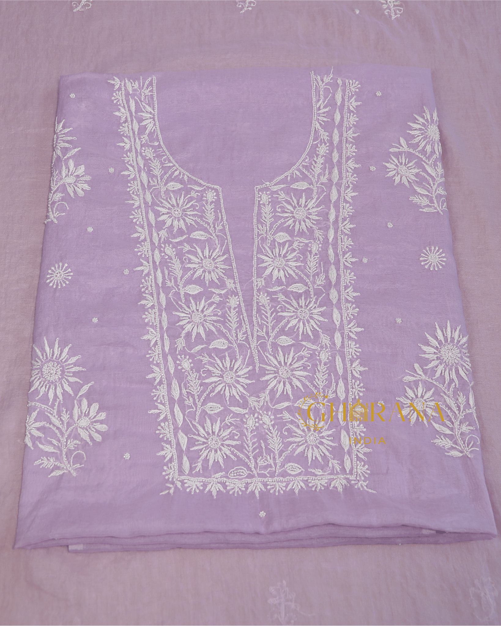 Premium Mulchanderi 3 PC Unstitched Kurta with Dupatta and Bottom Set in Pearl, Jaal work- Lavender Gharana