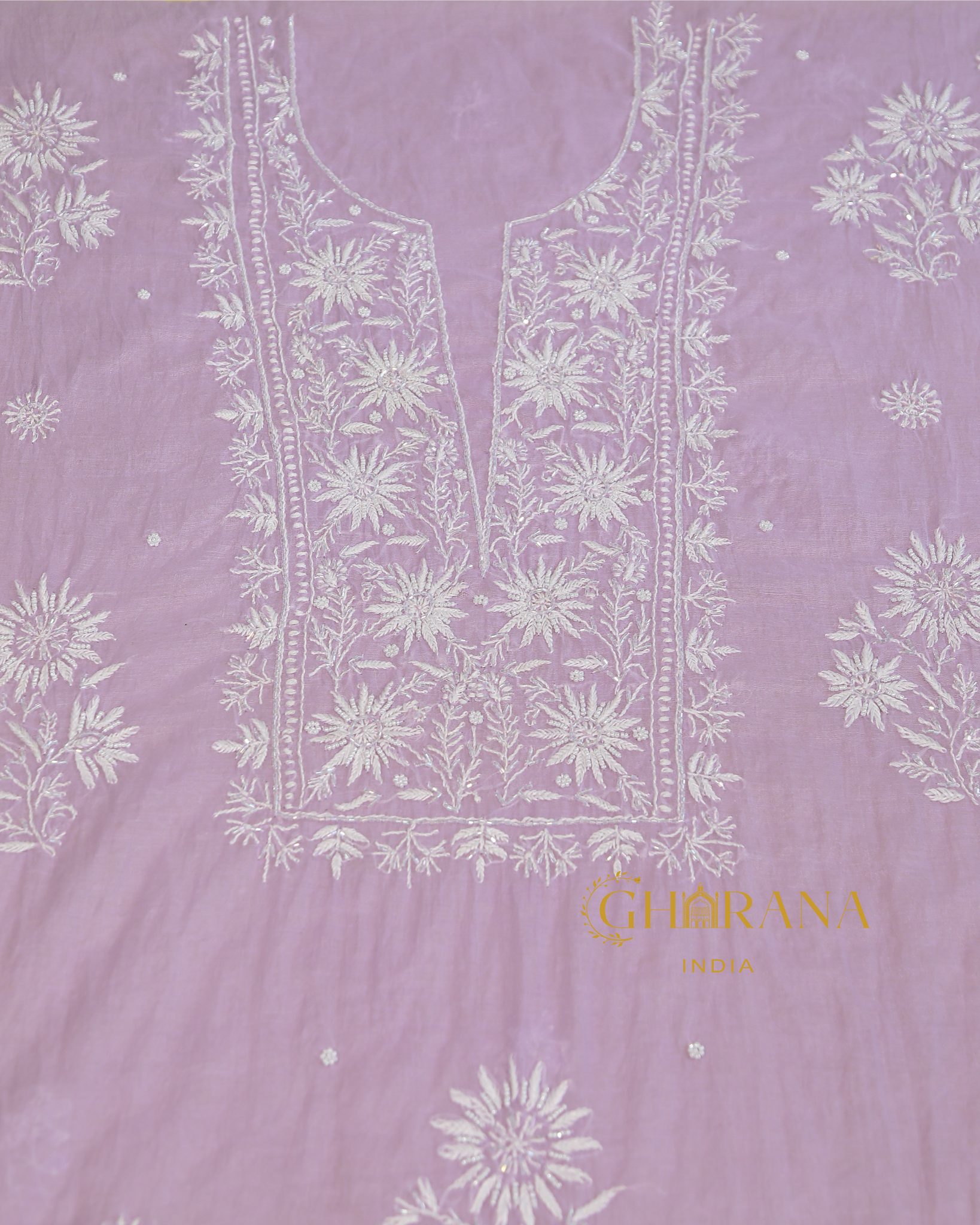 Premium Mulchanderi 3 PC Unstitched Kurta with Dupatta and Bottom Set in Pearl, Jaal work- Lavender Gharana
