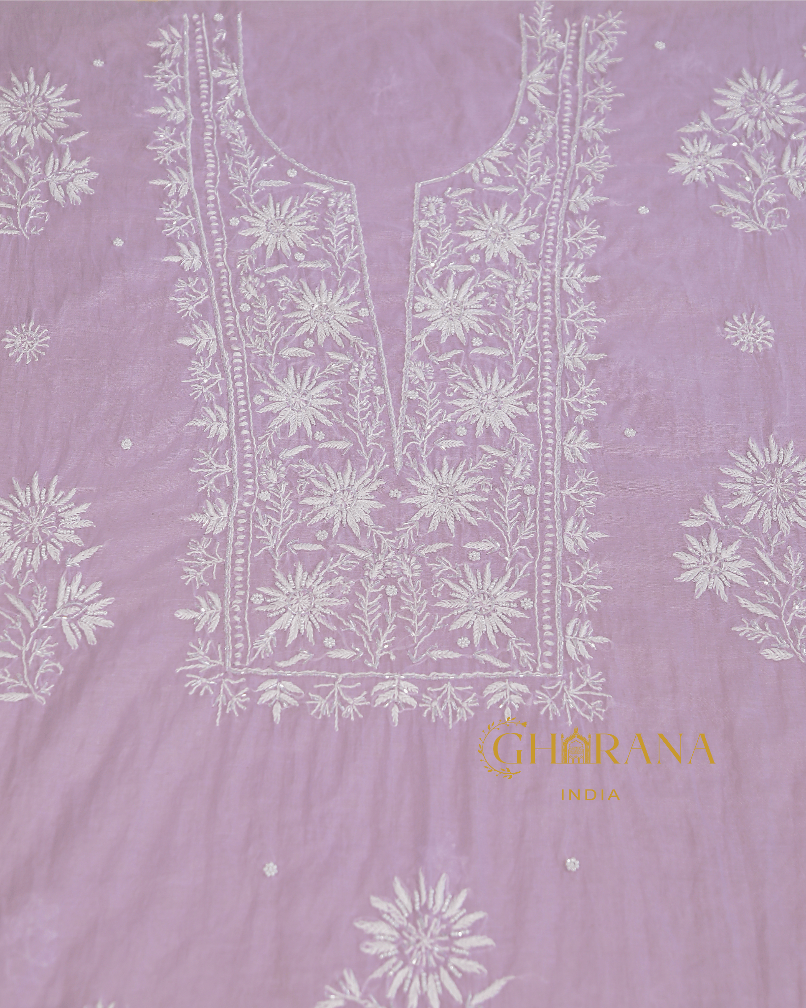 Premium Mulchanderi 3 PC Unstitched Kurta with Dupatta and Bottom Set in Pearl, Jaal work- Lavender Gharana
