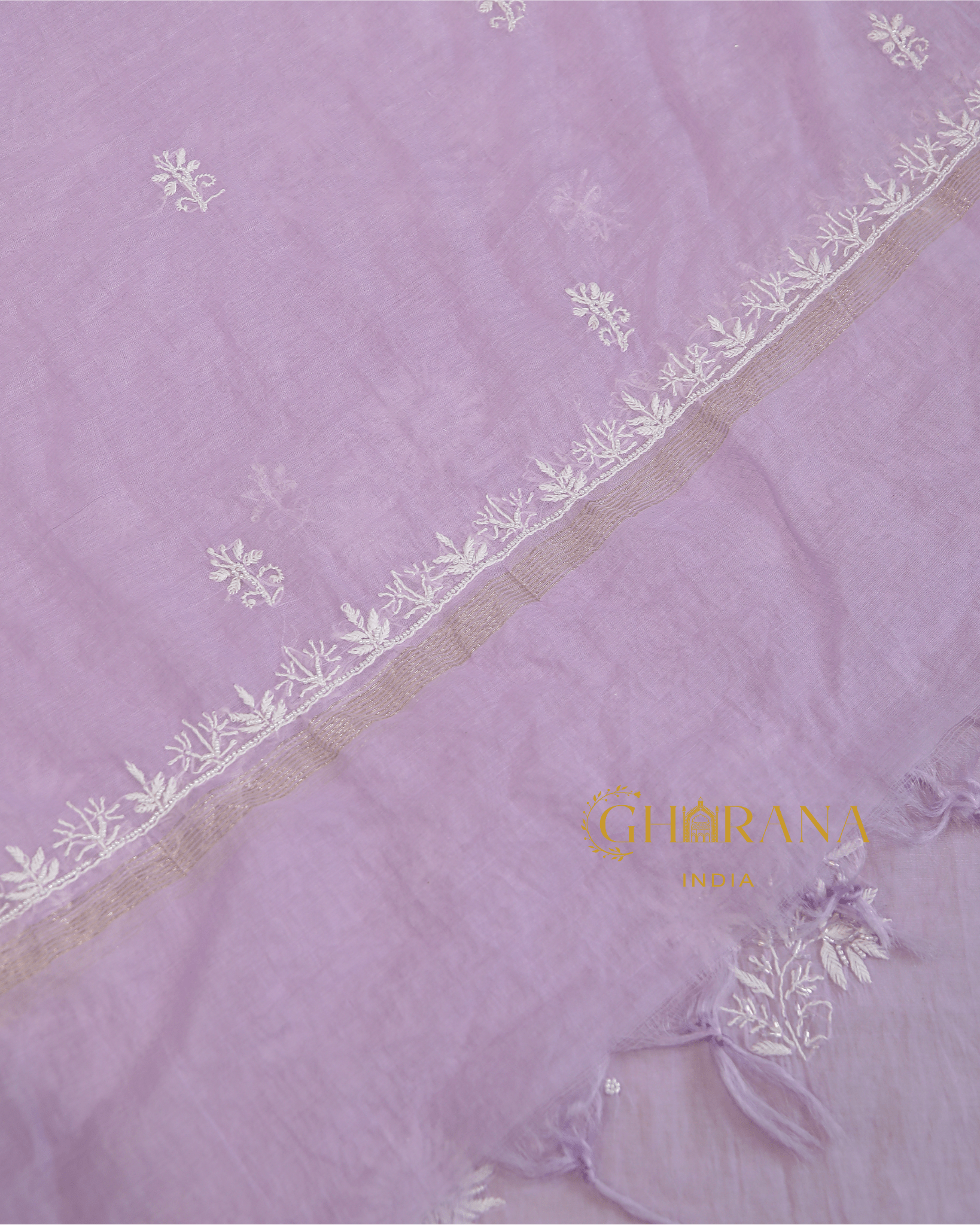 Premium Mulchanderi 3 PC Unstitched Kurta with Dupatta and Bottom Set in Pearl, Jaal work- Lavender Gharana