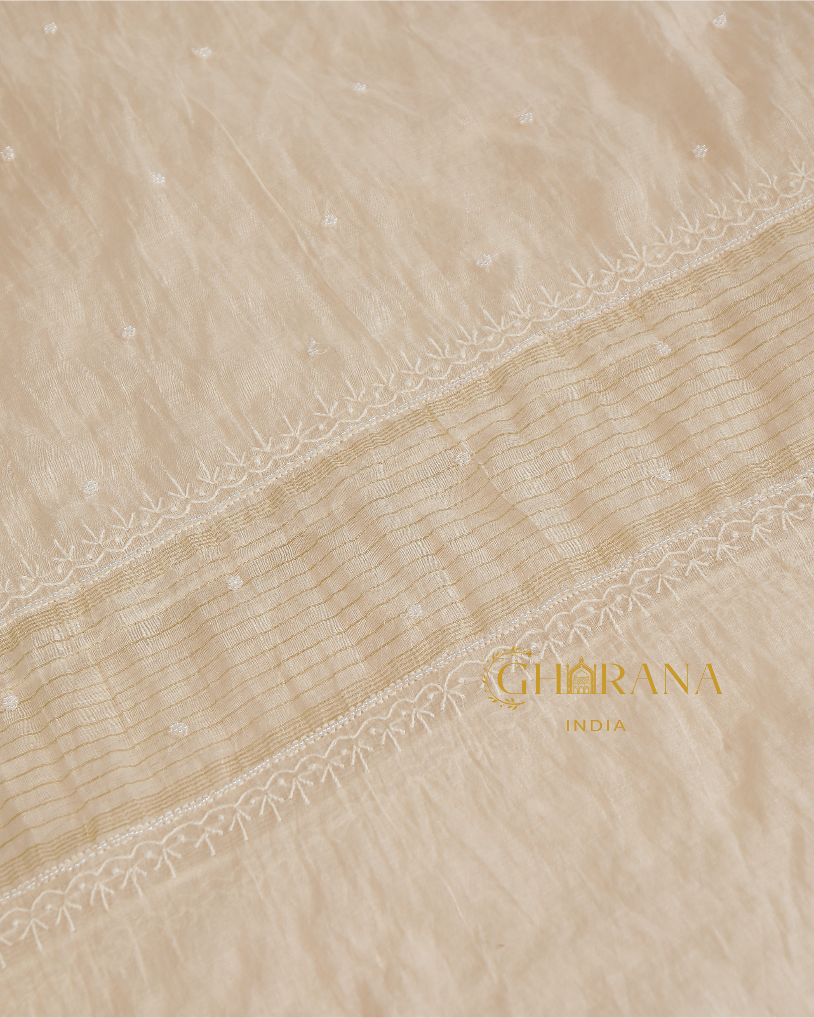 Premium Mulchanderi 3 PC Unstitched Kurta with Dupatta and Bottom Set in Pearl,Katdana Jaal work- Ivory Gharana