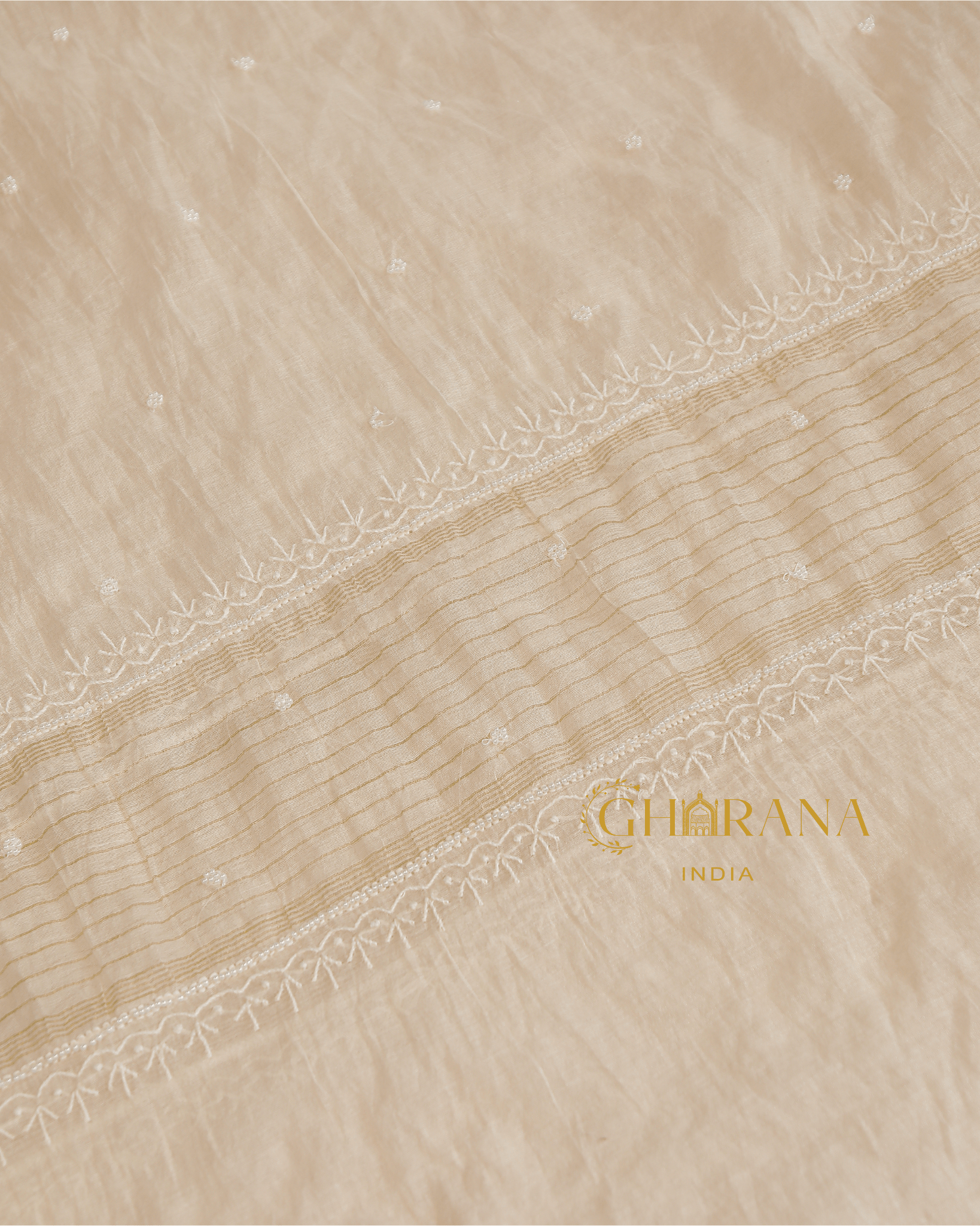 Premium Mulchanderi 3 PC Unstitched Kurta with Dupatta and Bottom Set in Pearl,Katdana Jaal work- Ivory Gharana