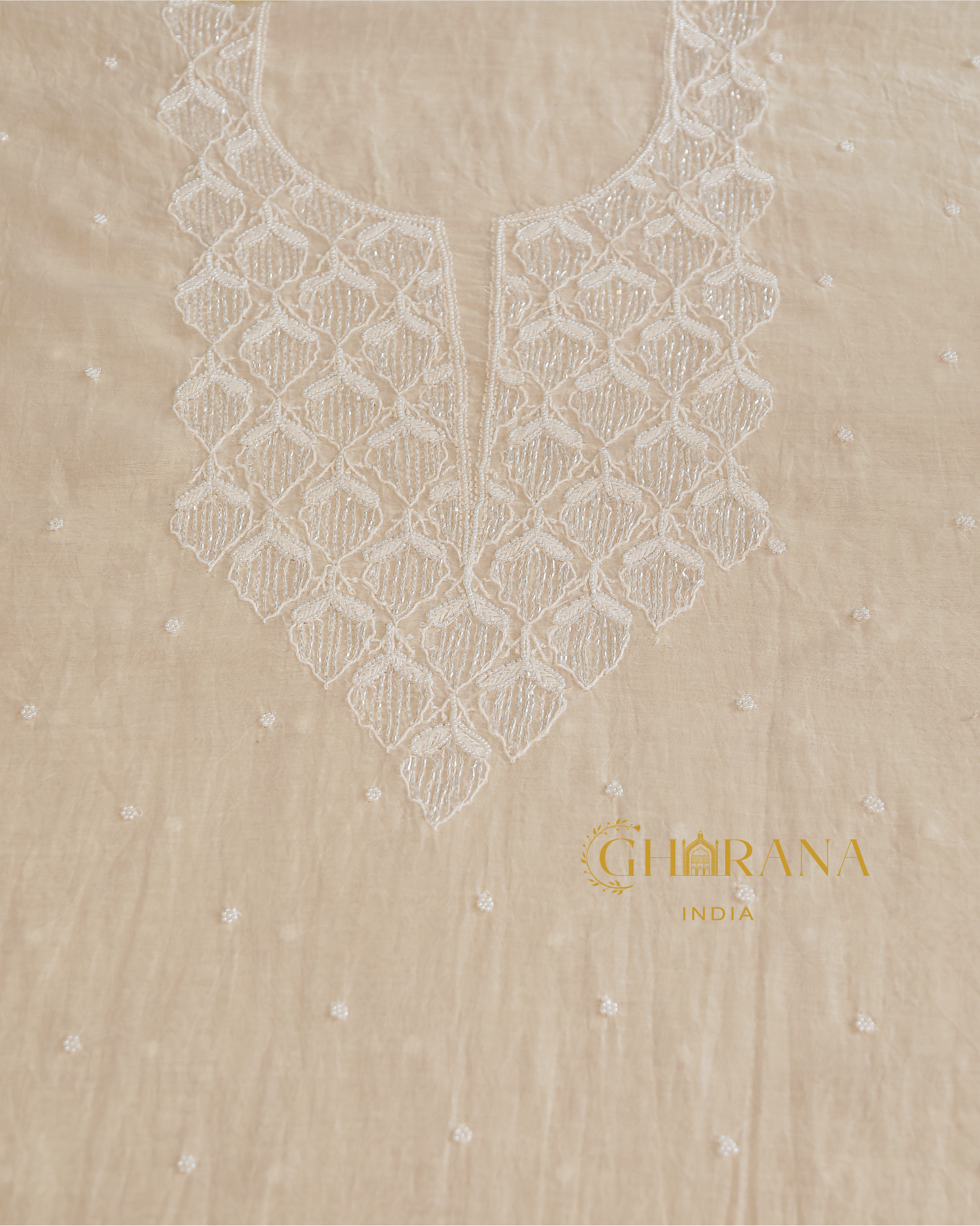 Premium Mulchanderi 3 PC Unstitched Kurta with Dupatta and Bottom Set in Pearl,Katdana Jaal work- Ivory Gharana
