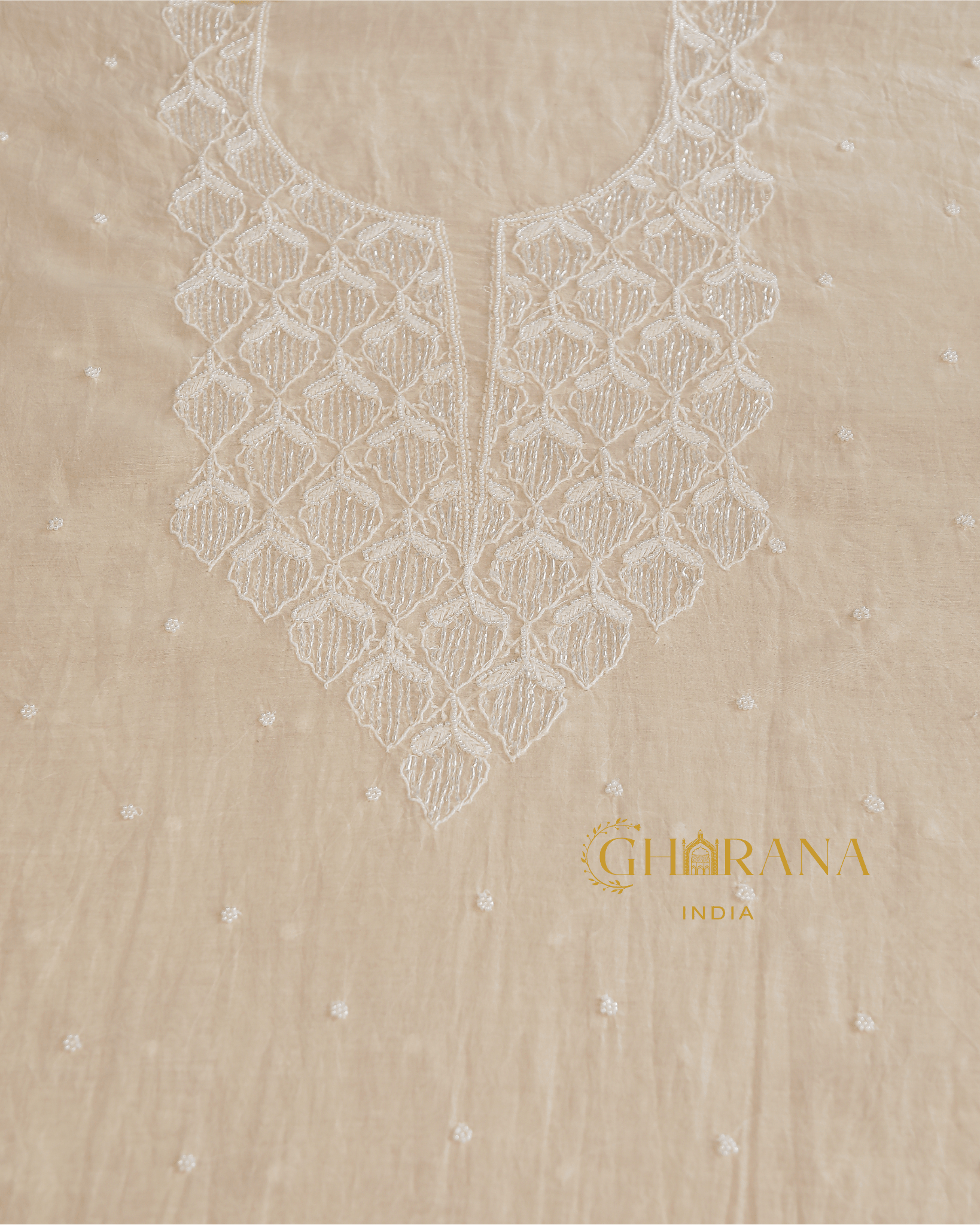 Premium Mulchanderi 3 PC Unstitched Kurta with Dupatta and Bottom Set in Pearl,Katdana Jaal work- Ivory Gharana