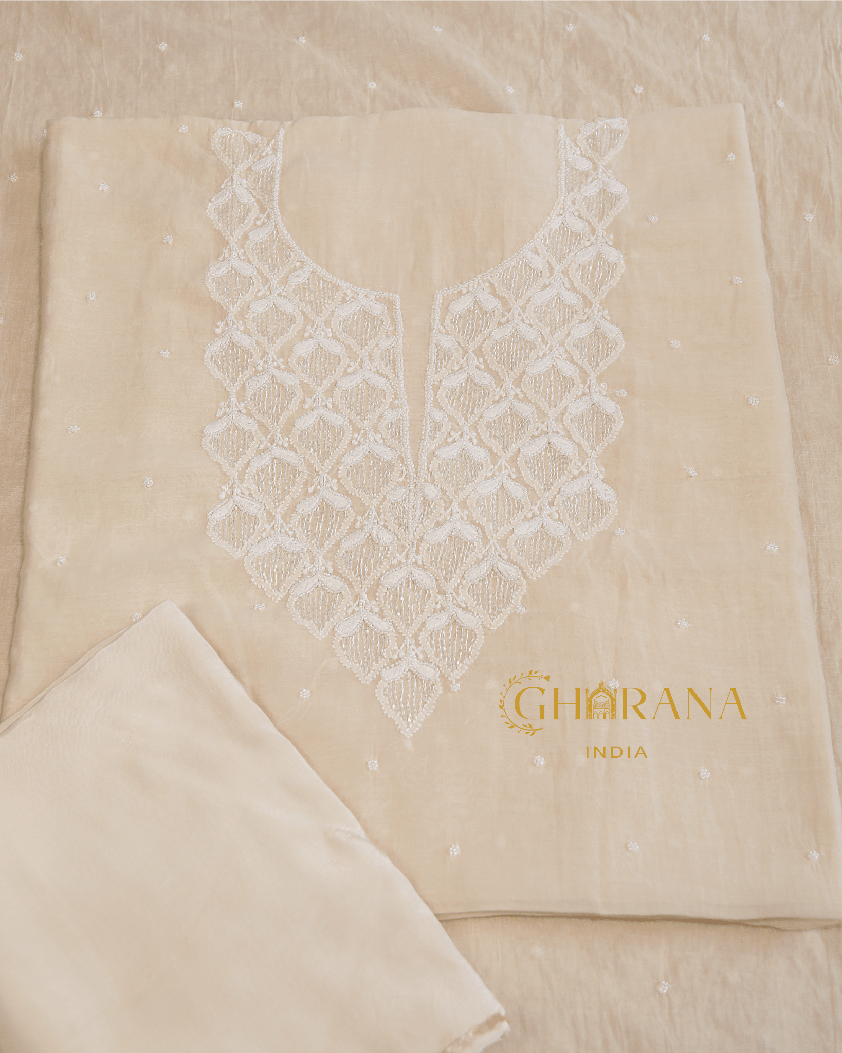 Premium Mulchanderi 3 PC Unstitched Kurta with Dupatta and Bottom Set in Pearl,Katdana Jaal work- Ivory Gharana