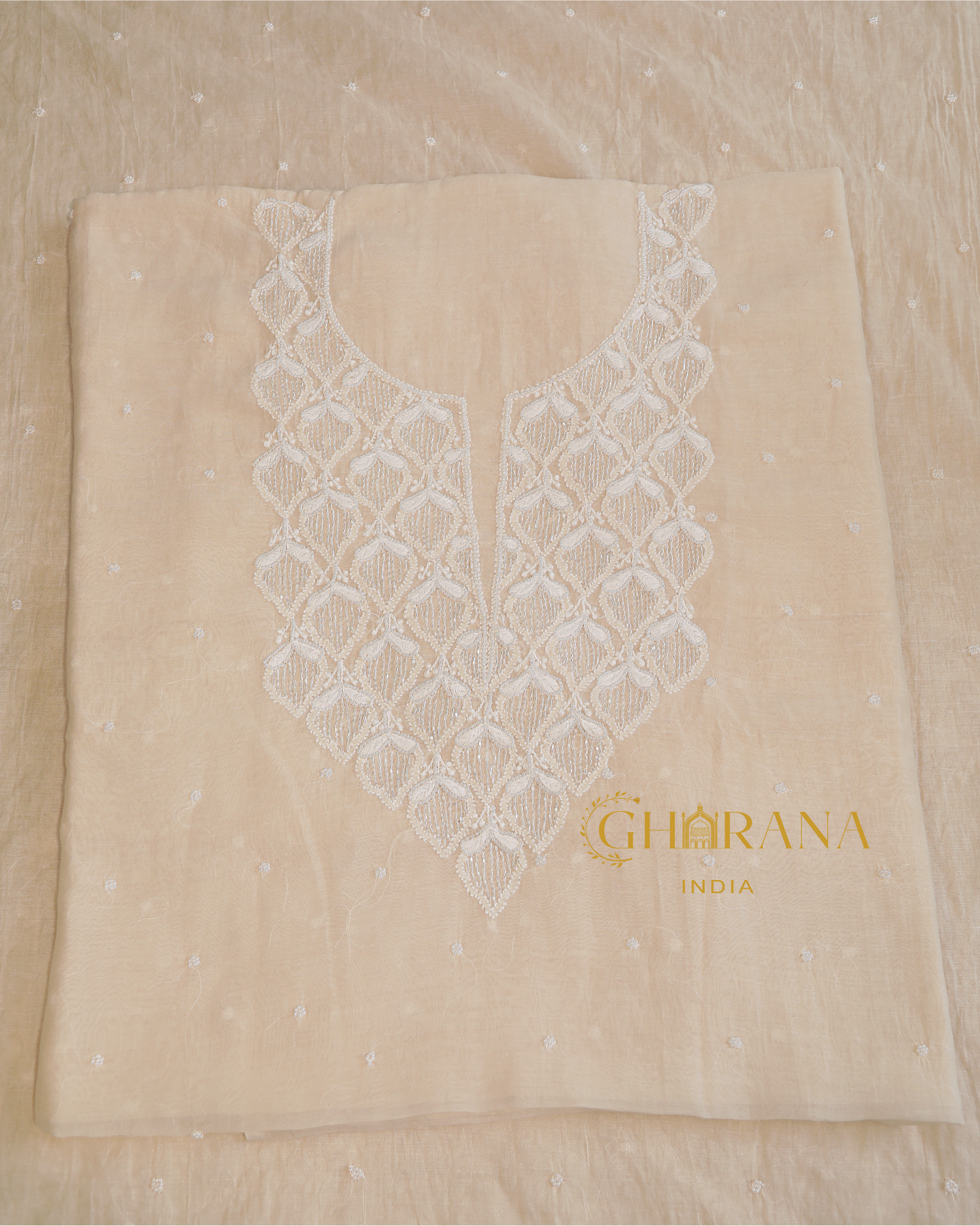 Premium Mulchanderi 3 PC Unstitched Kurta with Dupatta and Bottom Set in Pearl,Katdana Jaal work- Ivory Gharana