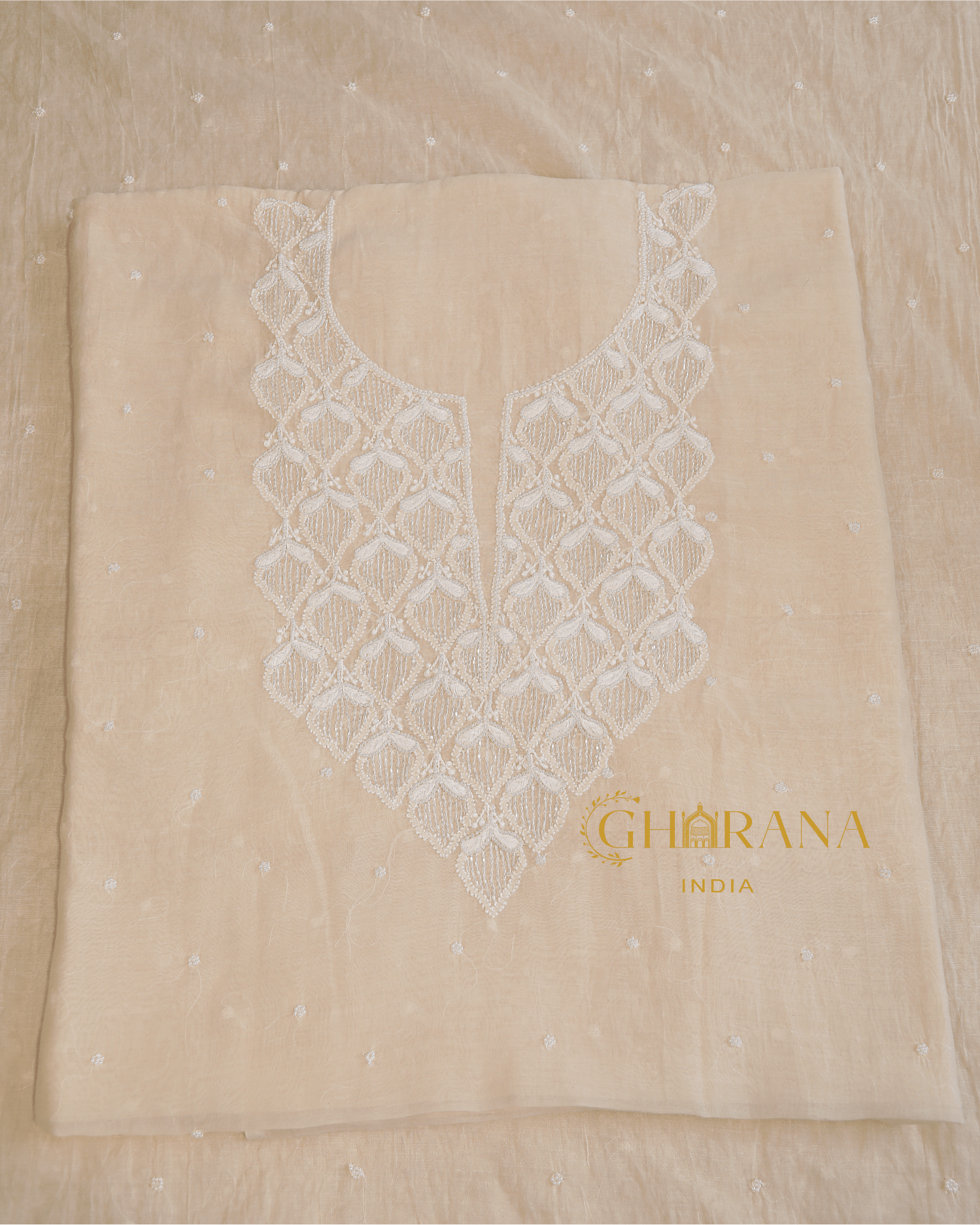 Premium Mulchanderi 3 PC Unstitched Kurta with Dupatta and Bottom Set in Pearl,Katdana Jaal work- Ivory Gharana