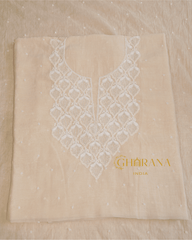 Premium Mulchanderi 3 PC Unstitched Kurta with Dupatta and Bottom Set in Pearl,Katdana Jaal work- Ivory Gharana