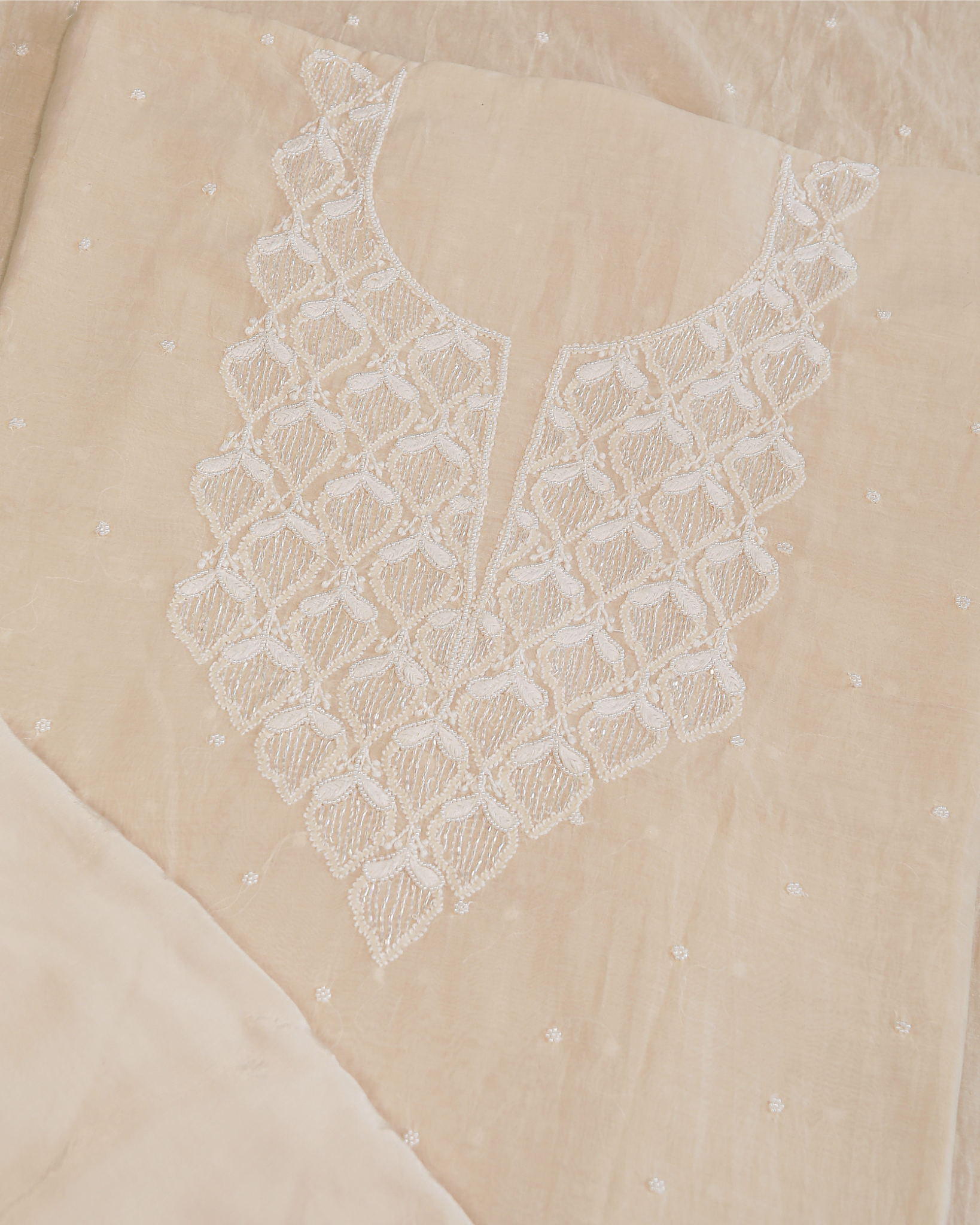 Premium Mulchanderi 3 PC Unstitched Kurta with Dupatta and Bottom Set in Pearl,Katdana Jaal work- Ivory Gharana