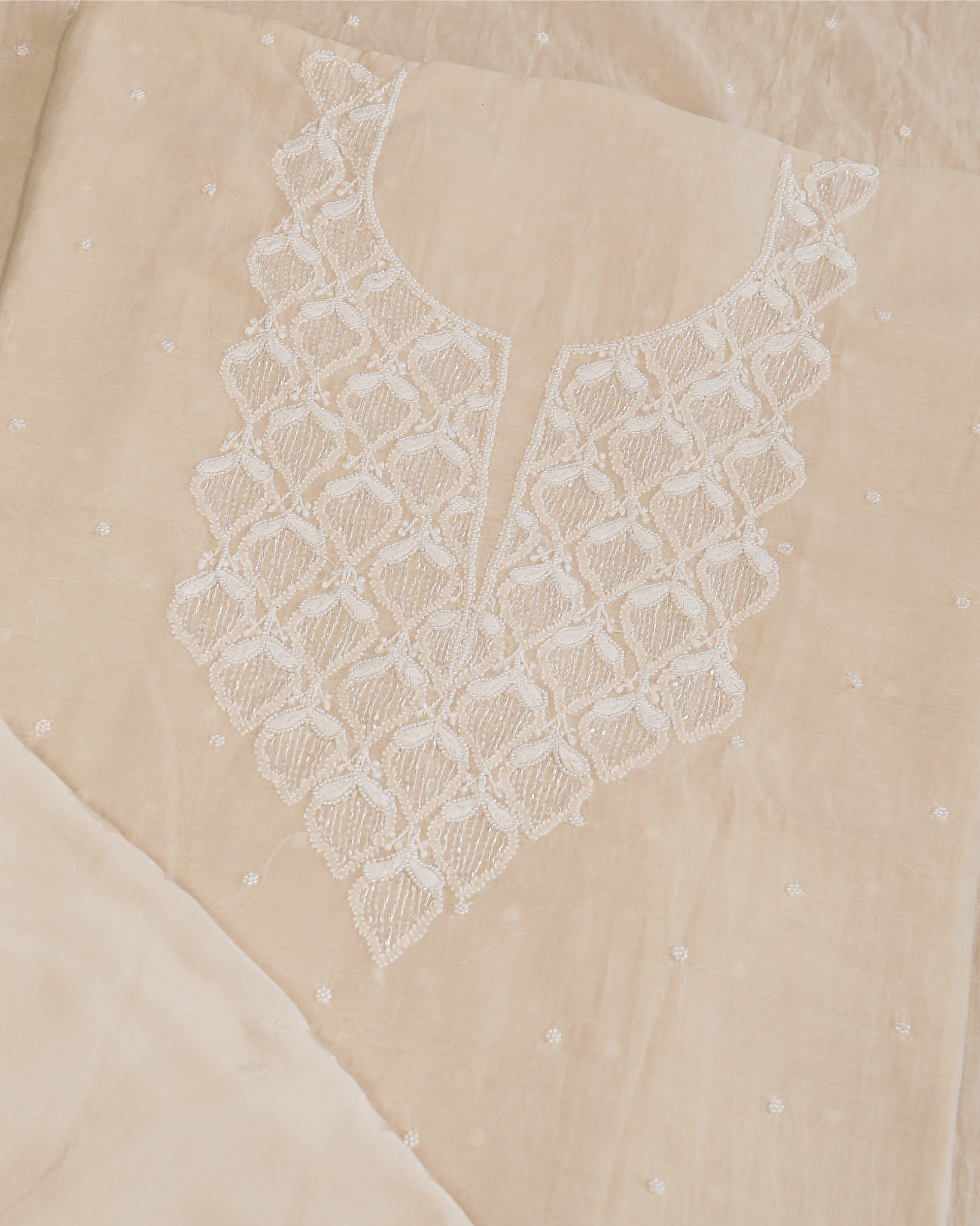 Premium Mulchanderi 3 PC Unstitched Kurta with Dupatta and Bottom Set in Pearl,Katdana Jaal work- Ivory Gharana