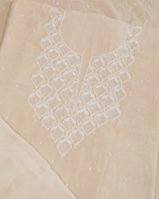 Premium Mulchanderi 3 PC Unstitched Kurta with Dupatta and Bottom Set in Pearl,Katdana Jaal work- Ivory Gharana