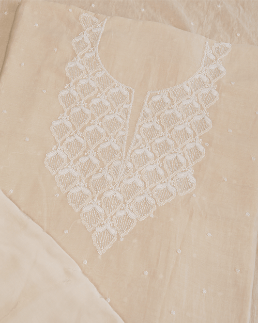 Premium Mulchanderi 3 PC Unstitched Kurta with Dupatta and Bottom Set in Pearl,Katdana Jaal work- Ivory Gharana