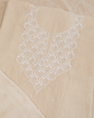 Premium Mulchanderi 3 PC Unstitched Kurta with Dupatta and Bottom Set in Pearl,Katdana Jaal work- Ivory Gharana