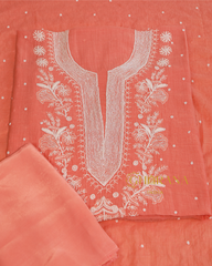 Premium Mulchanderi 3 PC Unstitched Kurta with Dupatta and Bottom Set in Pearl,Katdana Jaal work- Dark Peach Gharana