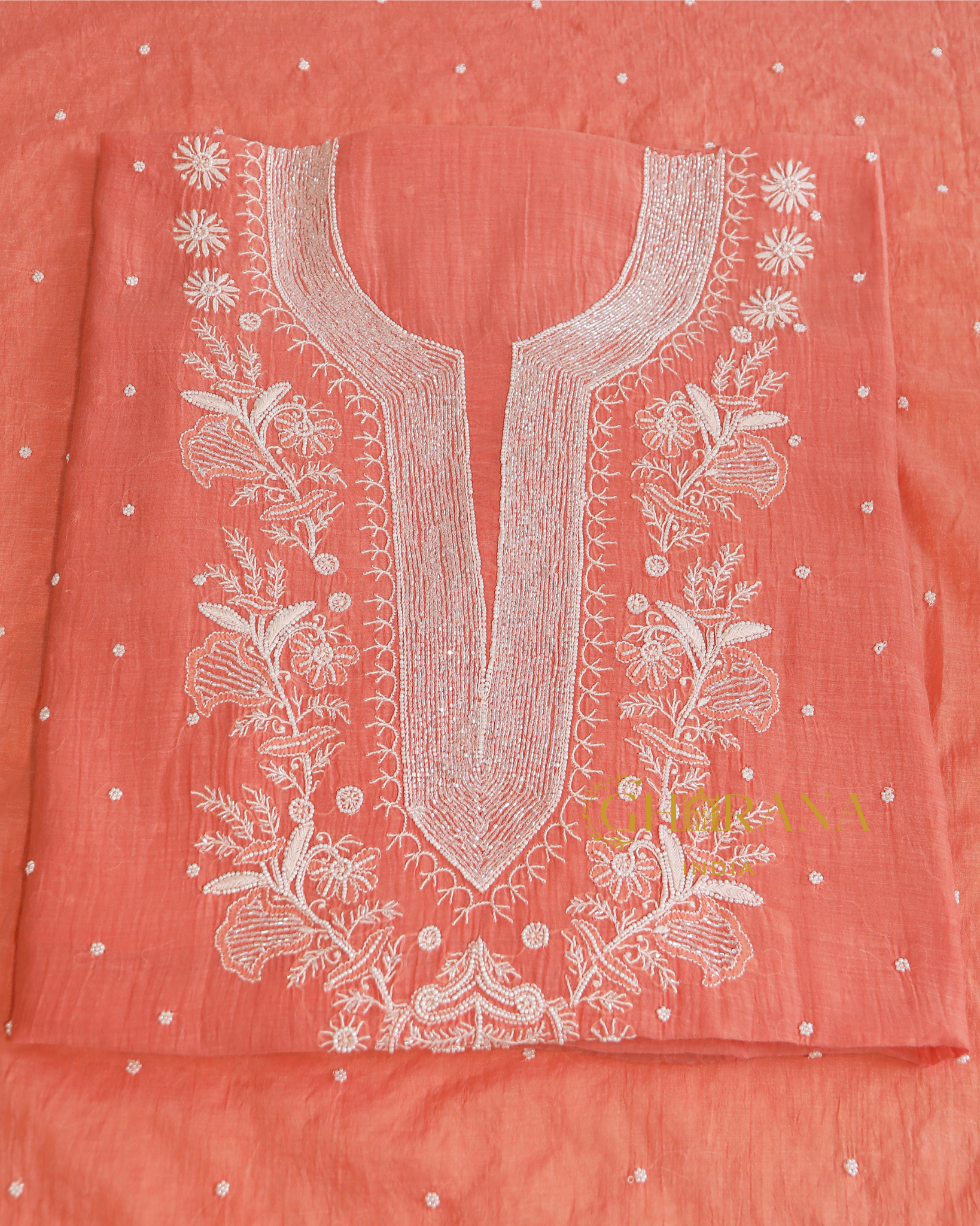 Premium Mulchanderi 3 PC Unstitched Kurta with Dupatta and Bottom Set in Pearl,Katdana Jaal work- Dark Peach Gharana