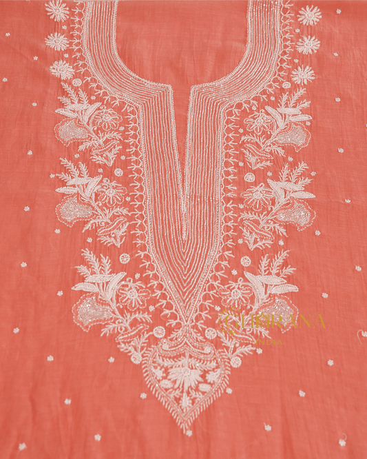 Premium Mulchanderi 3 PC Unstitched Kurta with Dupatta and Bottom Set in Pearl,Katdana Jaal work- Dark Peach Gharana