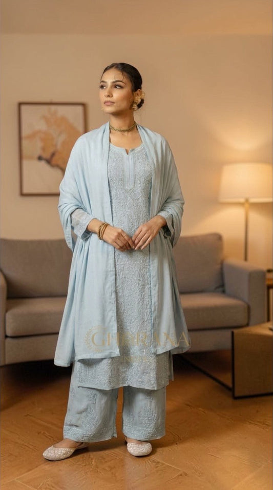 Ishq Georgette 4PC Chikankari Kurta Set in Resham Jaal work - Grey Gharana