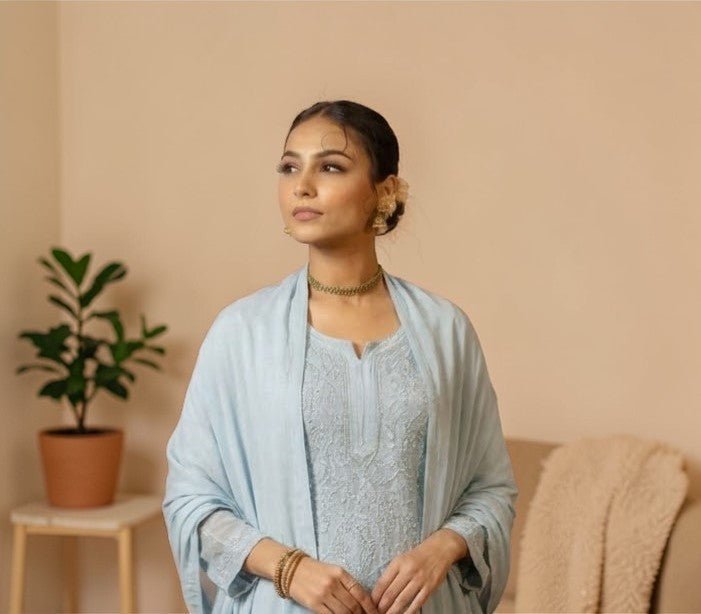 Ishq Georgette 4PC Chikankari Kurta Set in Resham Jaal work - Grey Gharana