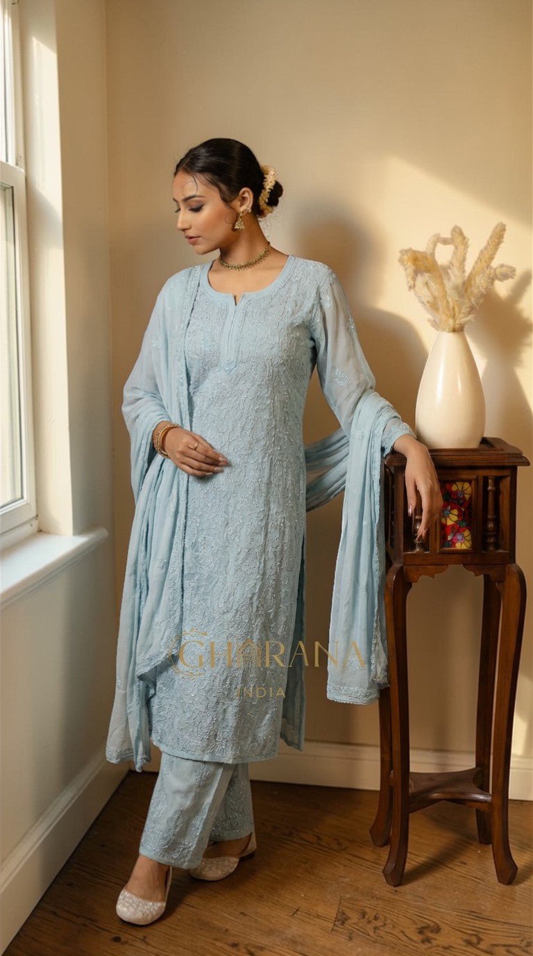 Ishq Georgette 4PC Chikankari Kurta Set in Resham Jaal work - Grey Gharana