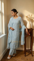 Ishq Georgette 4PC Chikankari Kurta Set in Resham Jaal work - Grey Gharana