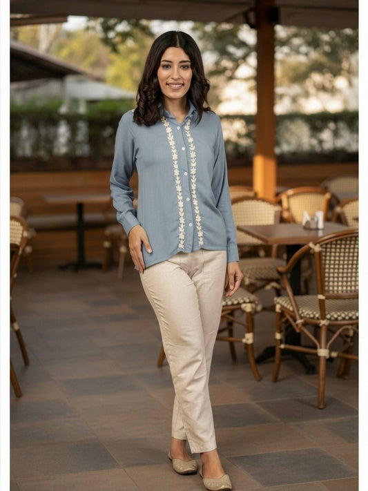 Sahiba Luxury Rayon Grey Chikankari Shirt Top Gharana