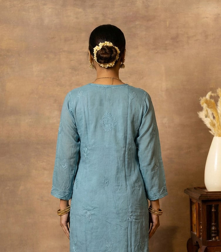 Ishq Georgette 4PC Chikankari Kurta Set in Resham Jaal work - Grey Gharana