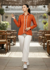 Sahiba Luxury Rayon Burnt Orange Chikankari Shirt Top Gharana