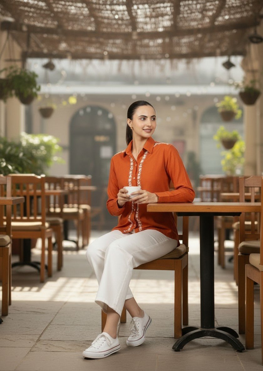Sahiba Luxury Rayon Burnt Orange Chikankari Shirt Top Gharana