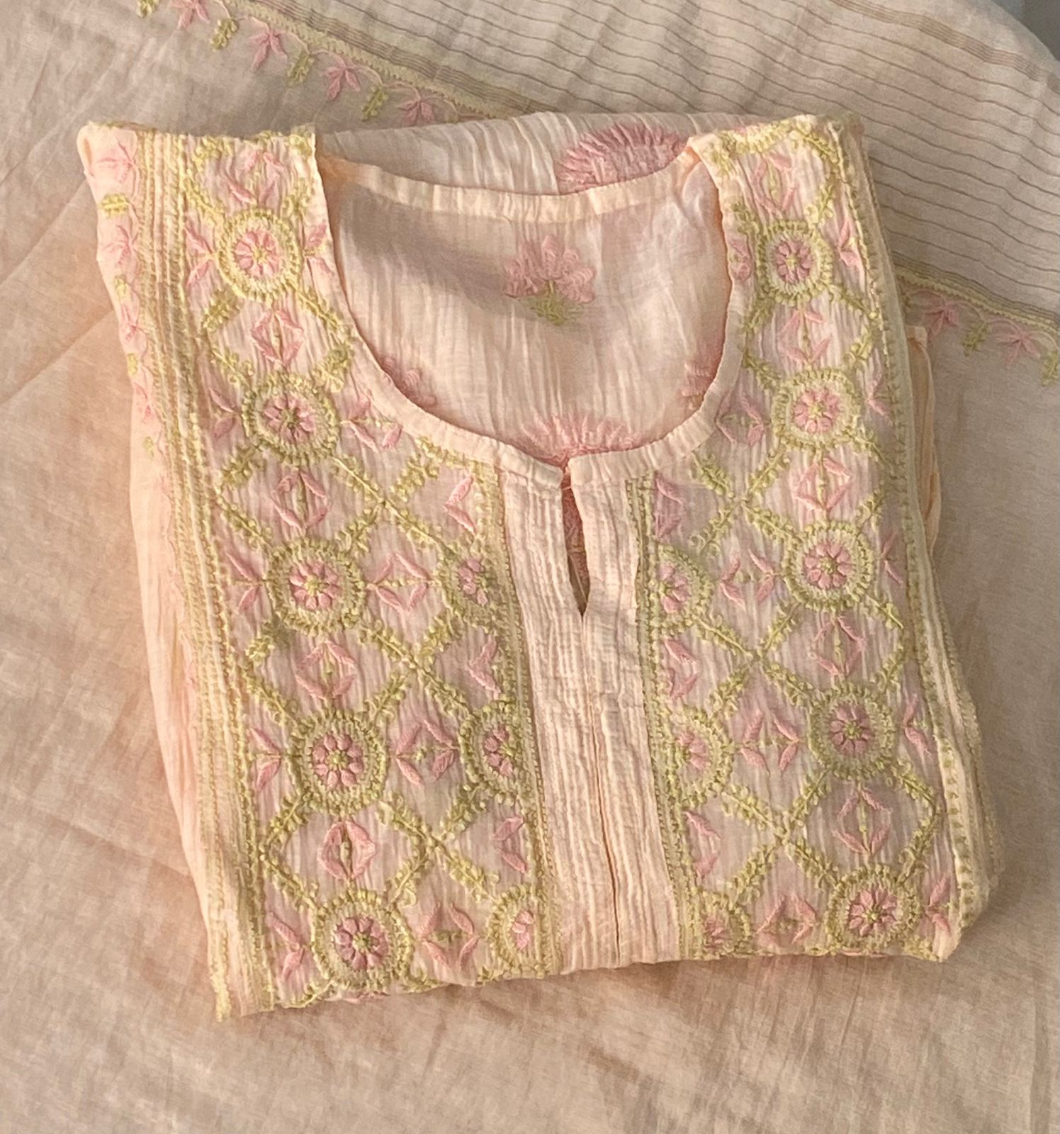 Premium Mulchanderi Chikankari Semi Stitched 2 piece Tunic and Dupatta set – Light Peach Gharana