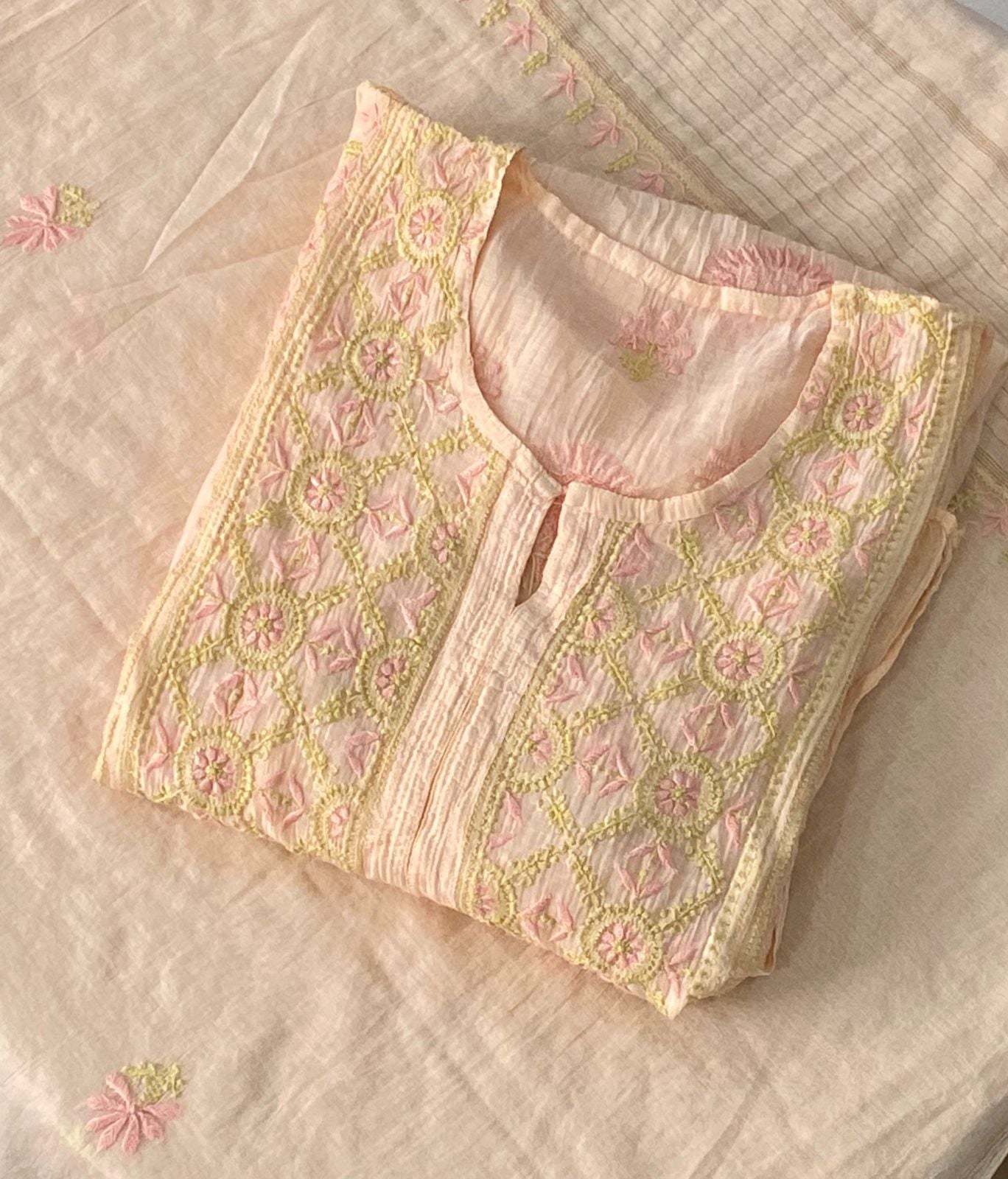 Premium Mulchanderi Chikankari Semi Stitched 2 piece Tunic and Dupatta set – Light Peach Gharana