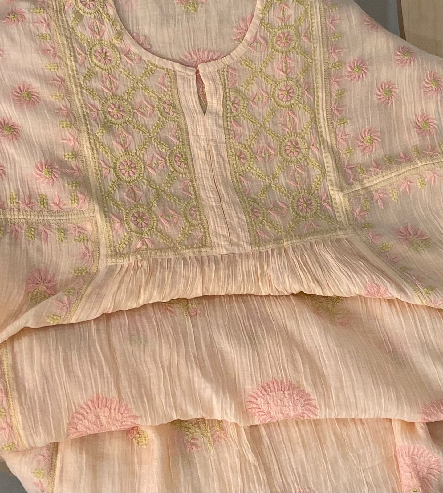 Premium Mulchanderi Chikankari Semi Stitched 2 piece Tunic and Dupatta set – Light Peach Gharana