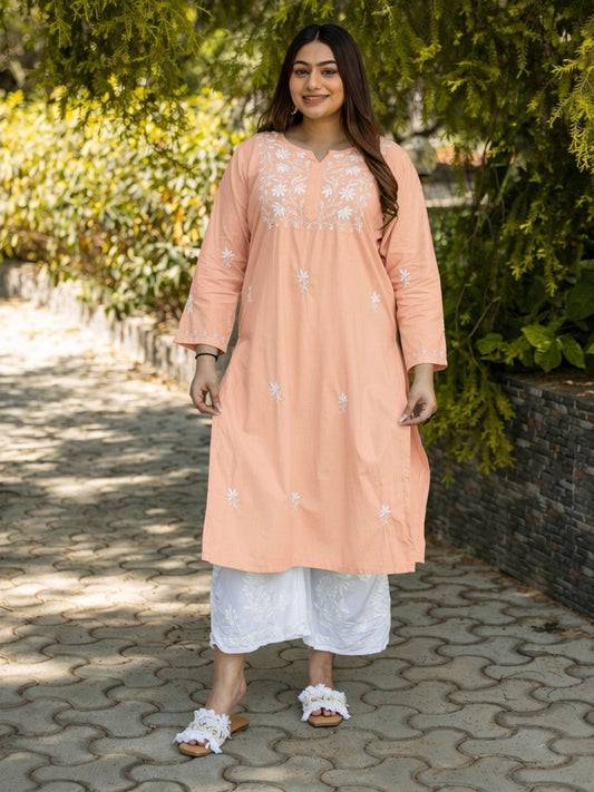 Sahiba Peach Pink Pure Cotton Chikankari Kurta with very intricate hand embroidery. Gharana