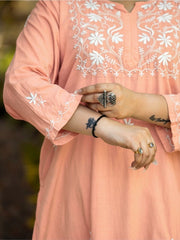 Sahiba Peach Pink Pure Cotton Chikankari Kurta with very intricate hand embroidery. Gharana