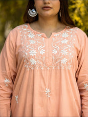 Sahiba Peach Pink Pure Cotton Chikankari Kurta with very intricate hand embroidery. Gharana