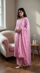 Ishq Georgette 4PC Chikankari Kurta Set in Resham Jaal work - Pink Gharana